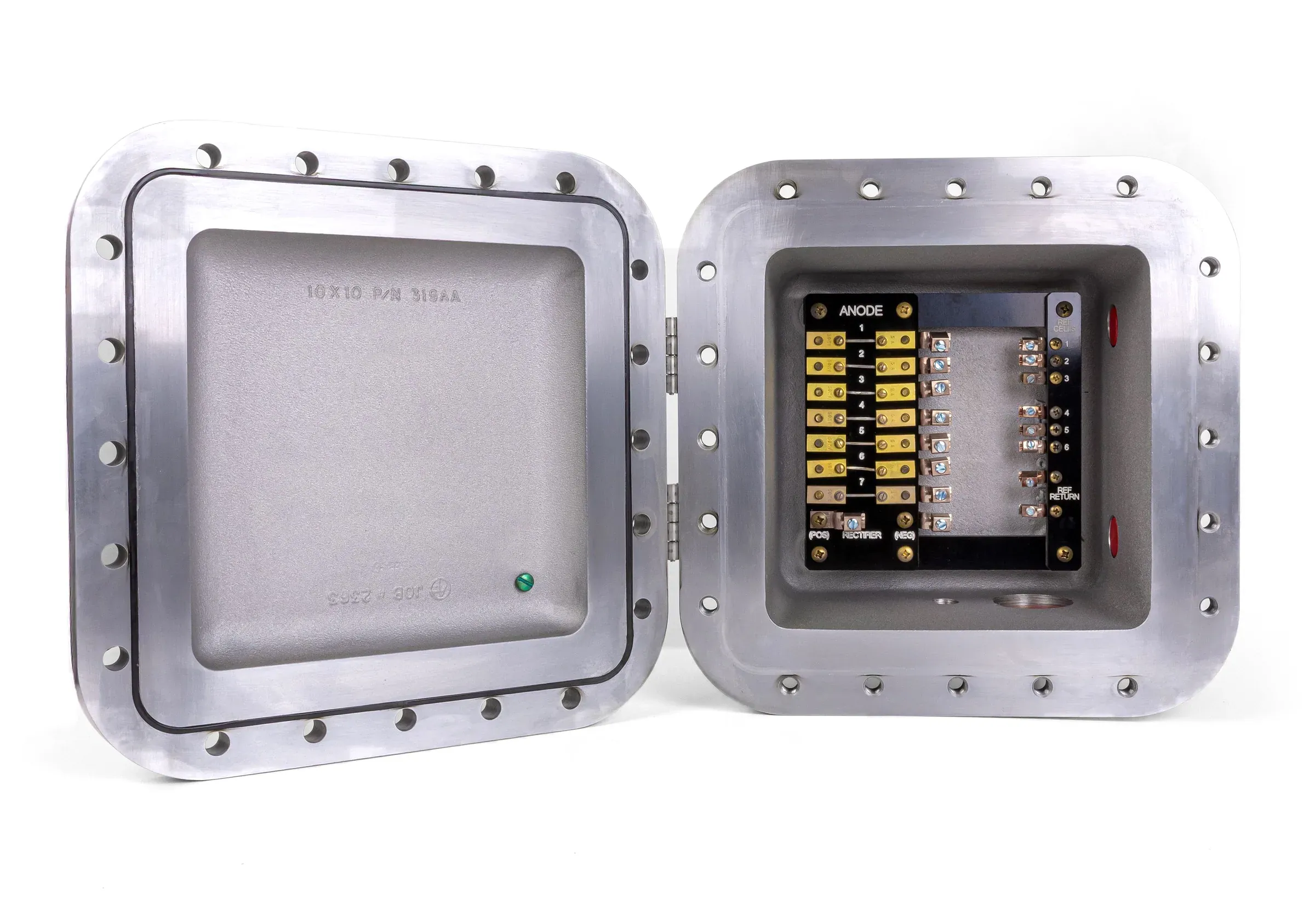 CerAnode explosion-proof junction box, open to show terminal strip