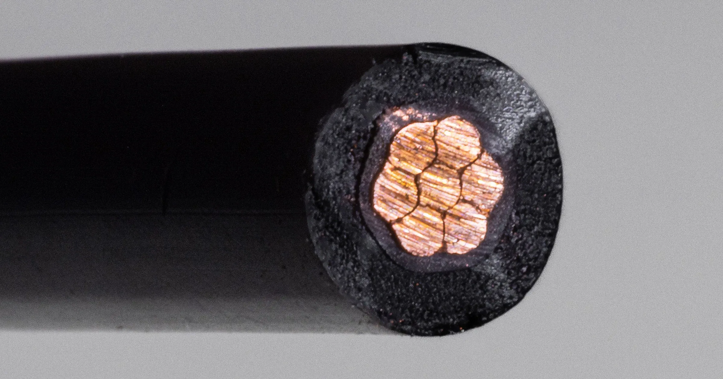 Cut end of CerAnode Halar cable, showing the stranded copper conductor inside the jacket