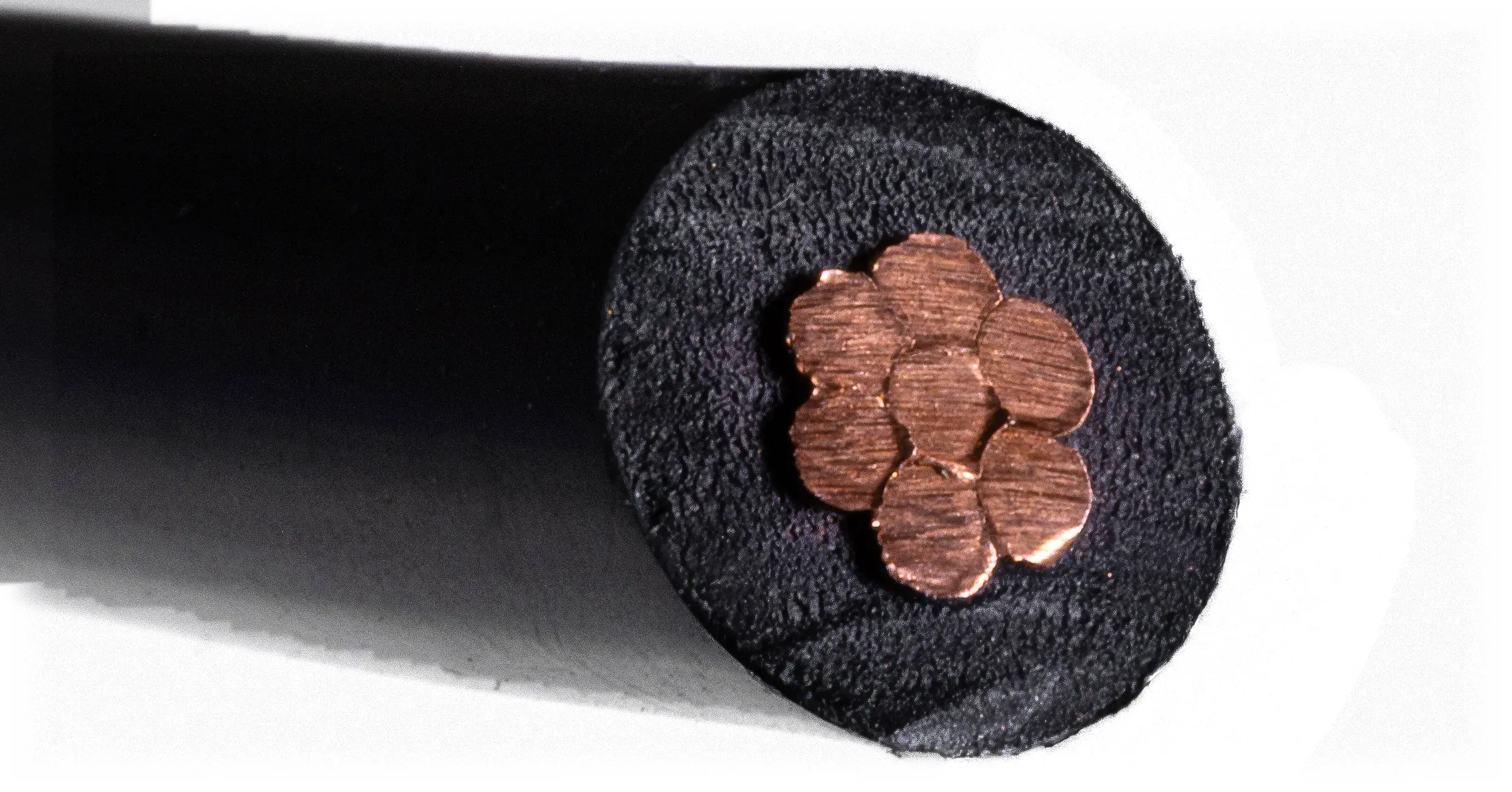 HMWPE cathodic protection cable, cut to show its stranded copper conductor