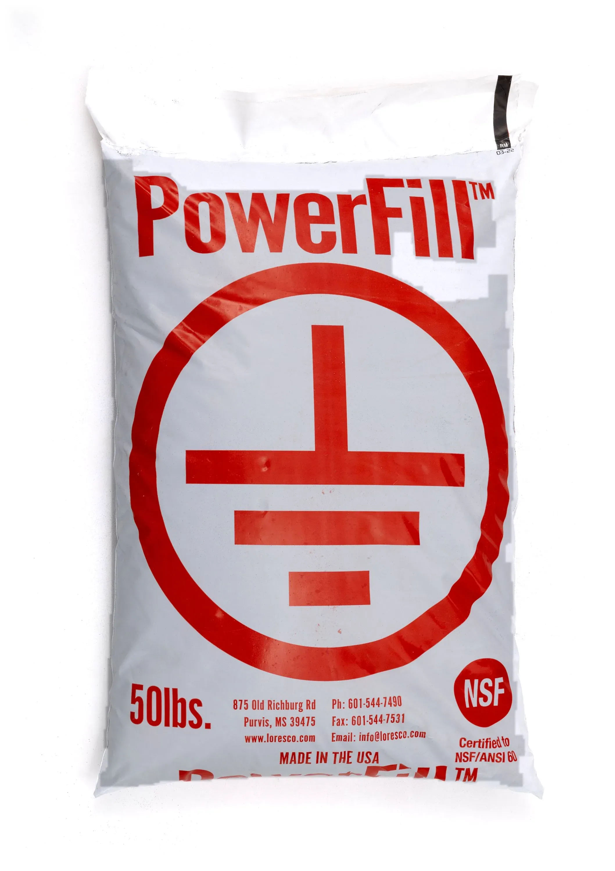 Bag of Loresco PowerFill grounding backfill, 50 lb, NSF/ANSI 60 certified