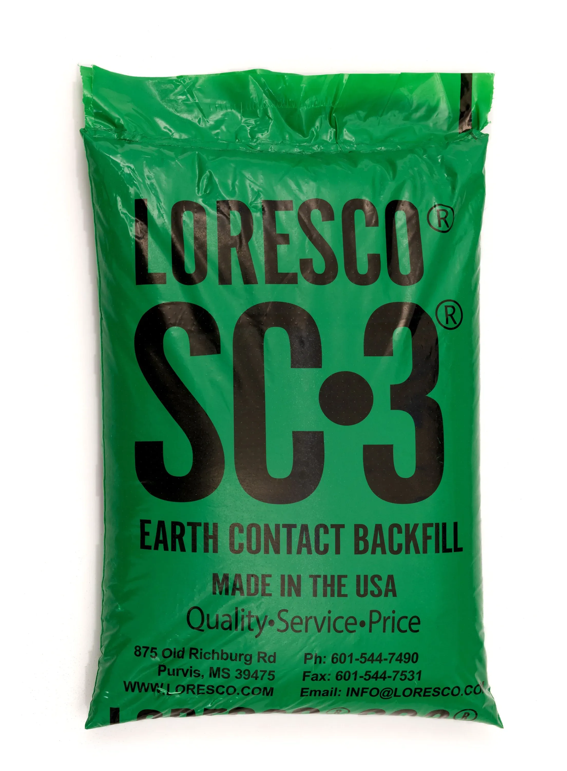 Green bag of Loresco SC-3 earth contact backfill