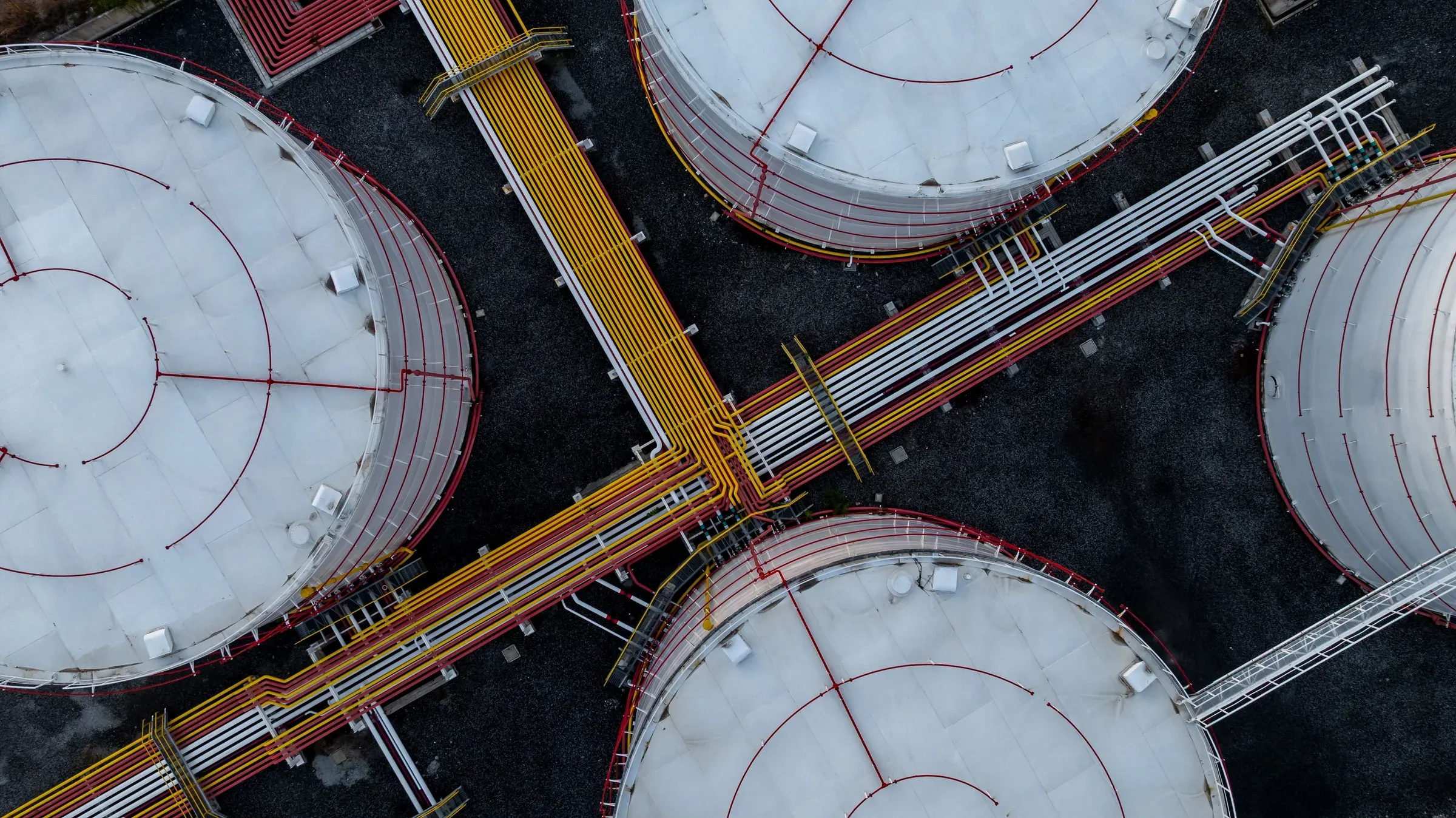 Storage tanks and connecting pipework seen from directly above