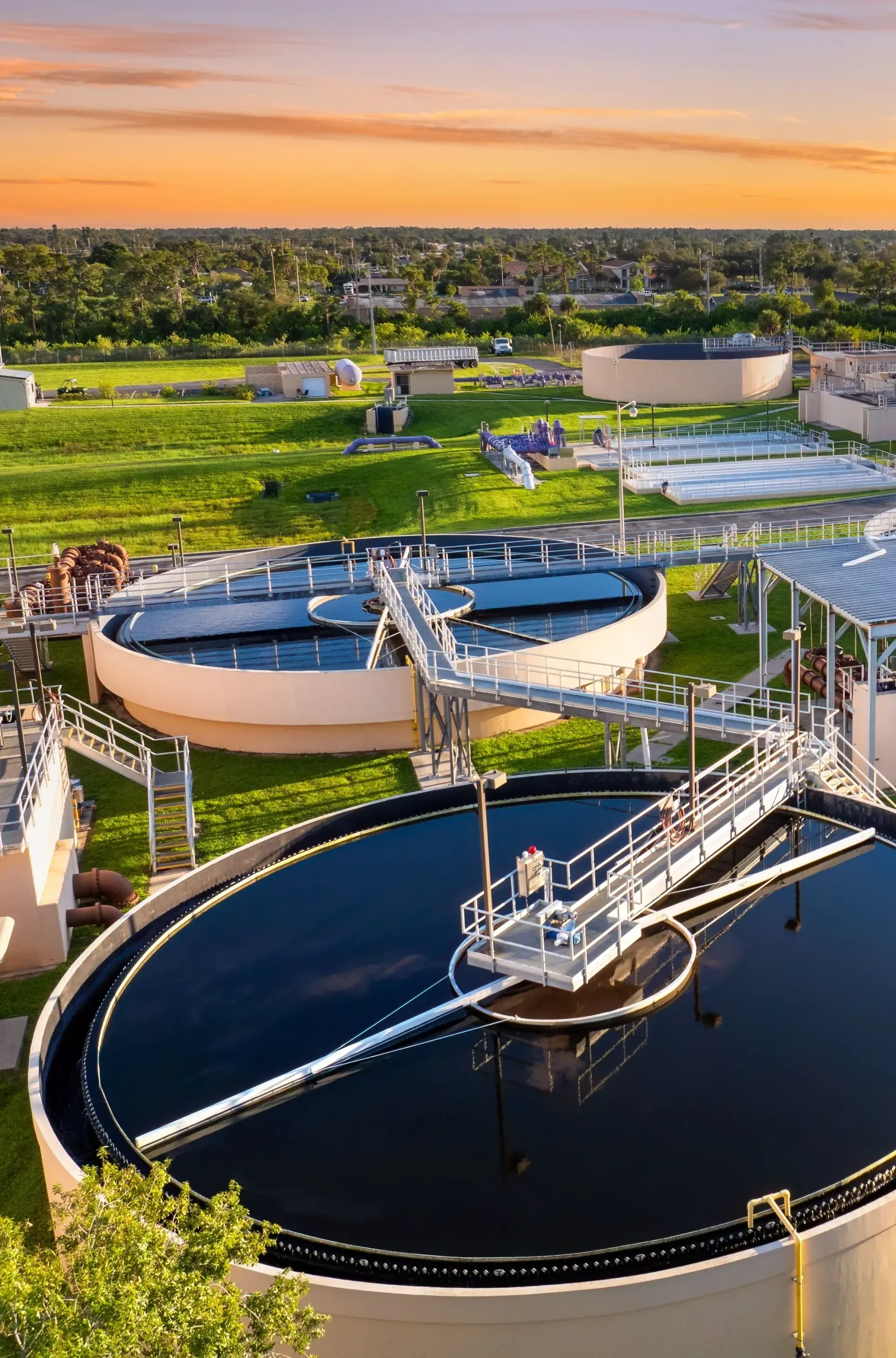 Aerial view of clarifier tanks at a water treatment plant